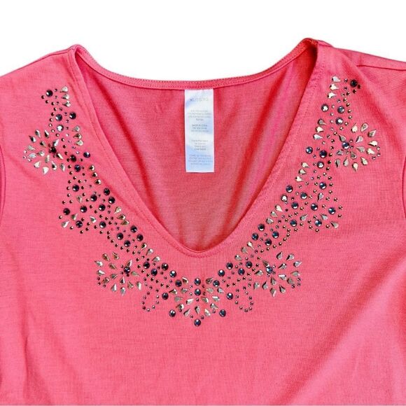 Avon Watermelon Pink Flutter Sleeve Studded Embellished Peplum Tunic Sz XL - Picture 3 of 9